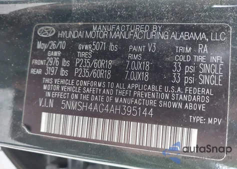 2010 Hyundai Santa Fe Se z USA, uszkodzony, nr VIN 5NMSH4AG4AH395144